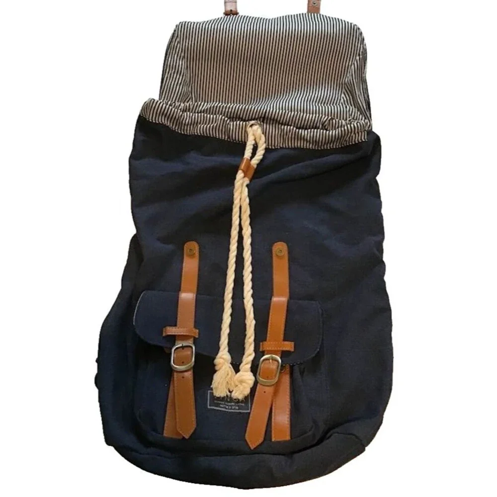 Vinga Clifton Canvas Navy Blue Leather Straps Large Backpack Drawstring Laptop